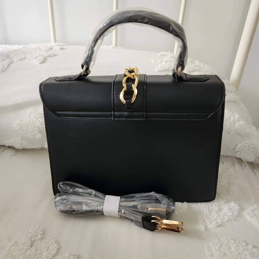 Badgley Mischka Black Vegan Leather Top-Handle Satchel With Crossbody Strap.